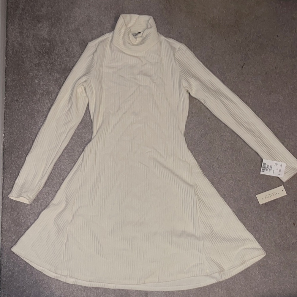 Cream A-Line Turtleneck Long Sleeve Dress